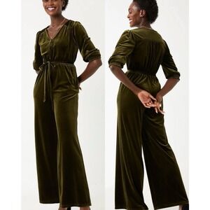 Fat Face Green Velvet‎ Button Up Wide Leg Belted Jumpsuit Boho Whimsigoth 14